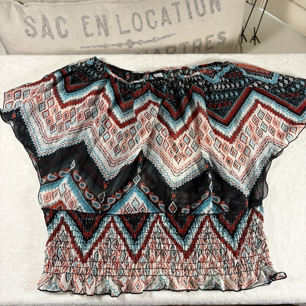 Torrid Boho Folk Sheer Top Womens 2X Red White Blue Smocked Festival